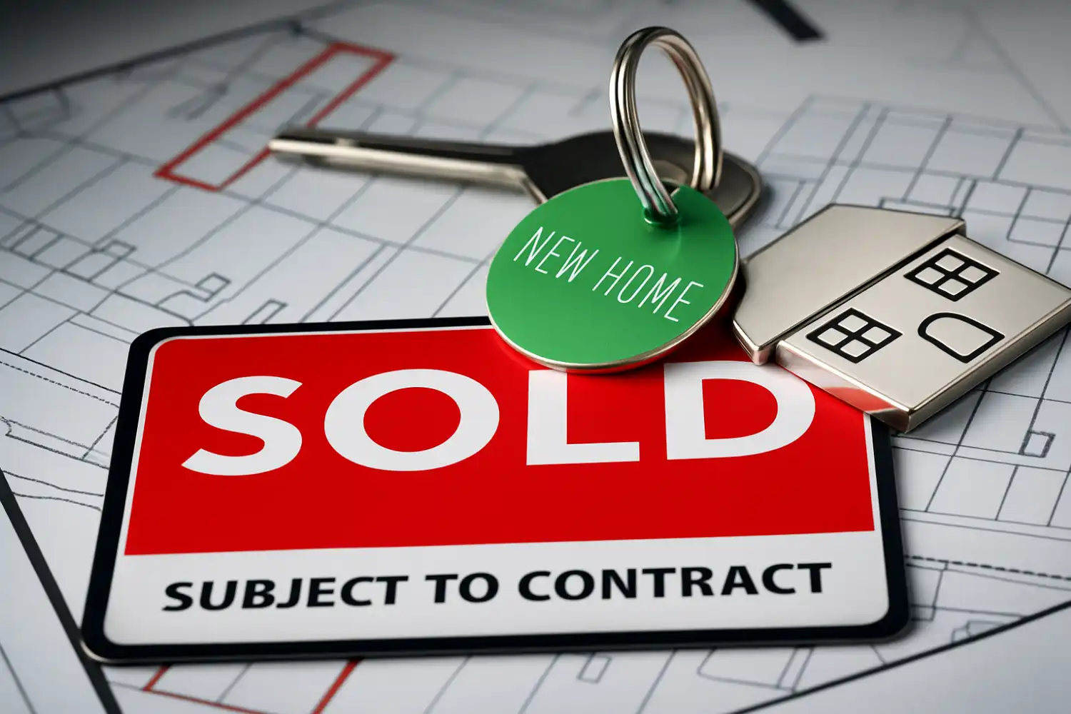 Subject to contract conveyancing — house buyers reviewing offer documents with estate agent showing sold subject to contract board outside property