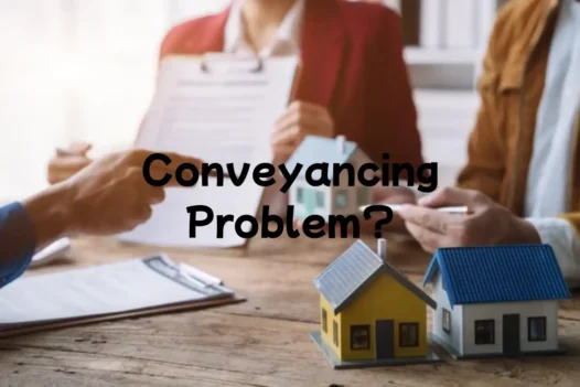 Conveyancing search problem — solicitor reviewing property search results with concerned house buyers at desk