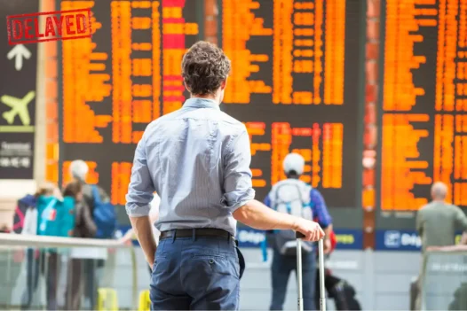 Flight delay at airport showing departure board delay for compensation case study