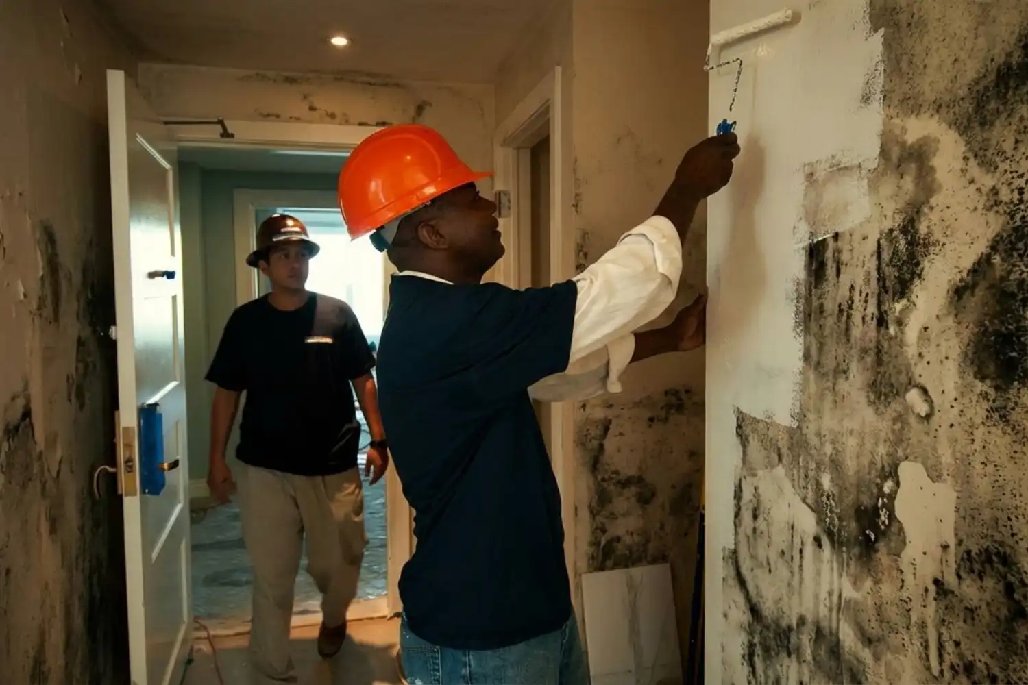 Social housing maintenance workers repairing damp and mould damage in UK council flat under Awaab's Law landlord repair obligations