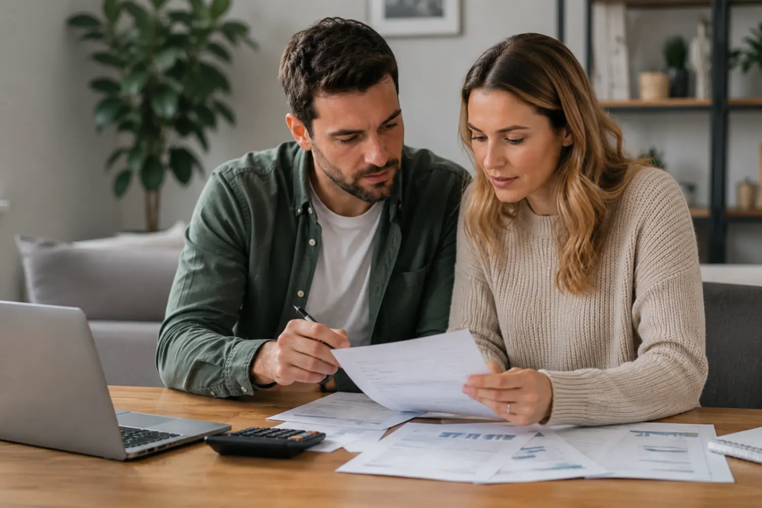 300k mortgage affordability UK — couple calculating joint mortgage income with financial documents and laptop