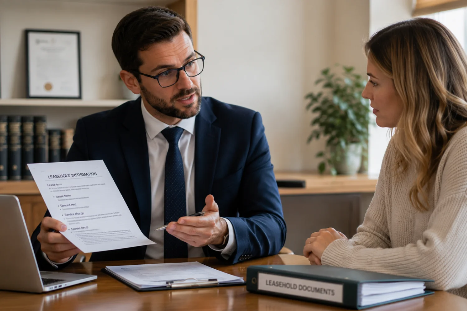 Conveyancing solicitor explaining leasehold checks to a client