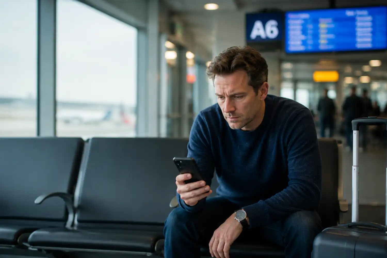 Flight delay claim — passenger checking arrival time on phone at airport gate