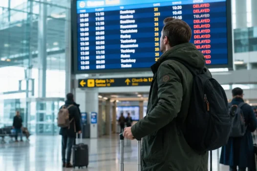 Flight delay compensation — passengers waiting at airport departure board