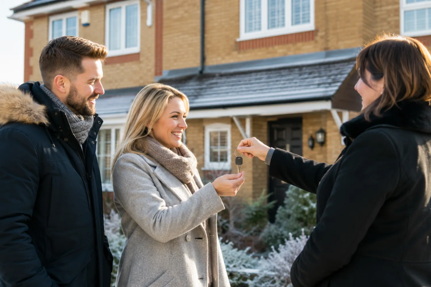 Couple receiving house keys after selling during January, the hardest month to sell a house in the UK.
