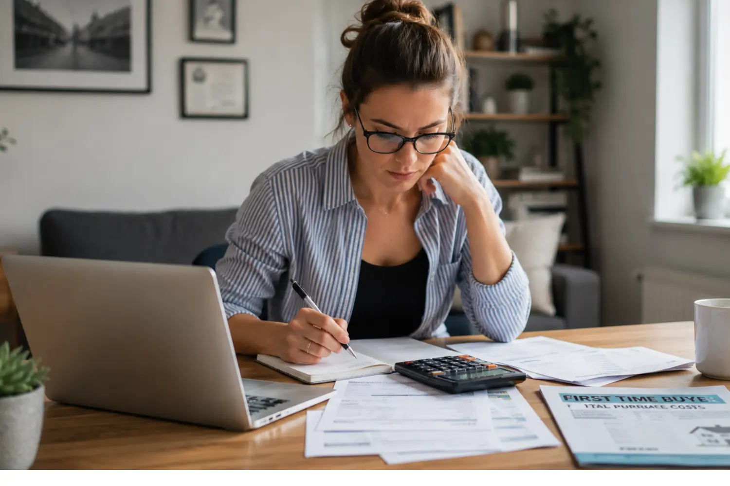 how much can I borrow for a 300k mortgage — first-time buyer reviewing total purchase costs budget at desk