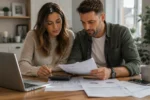 salary needed for 300k house UK — couple reviewing mortgage affordability documents with laptop and house keys on desk