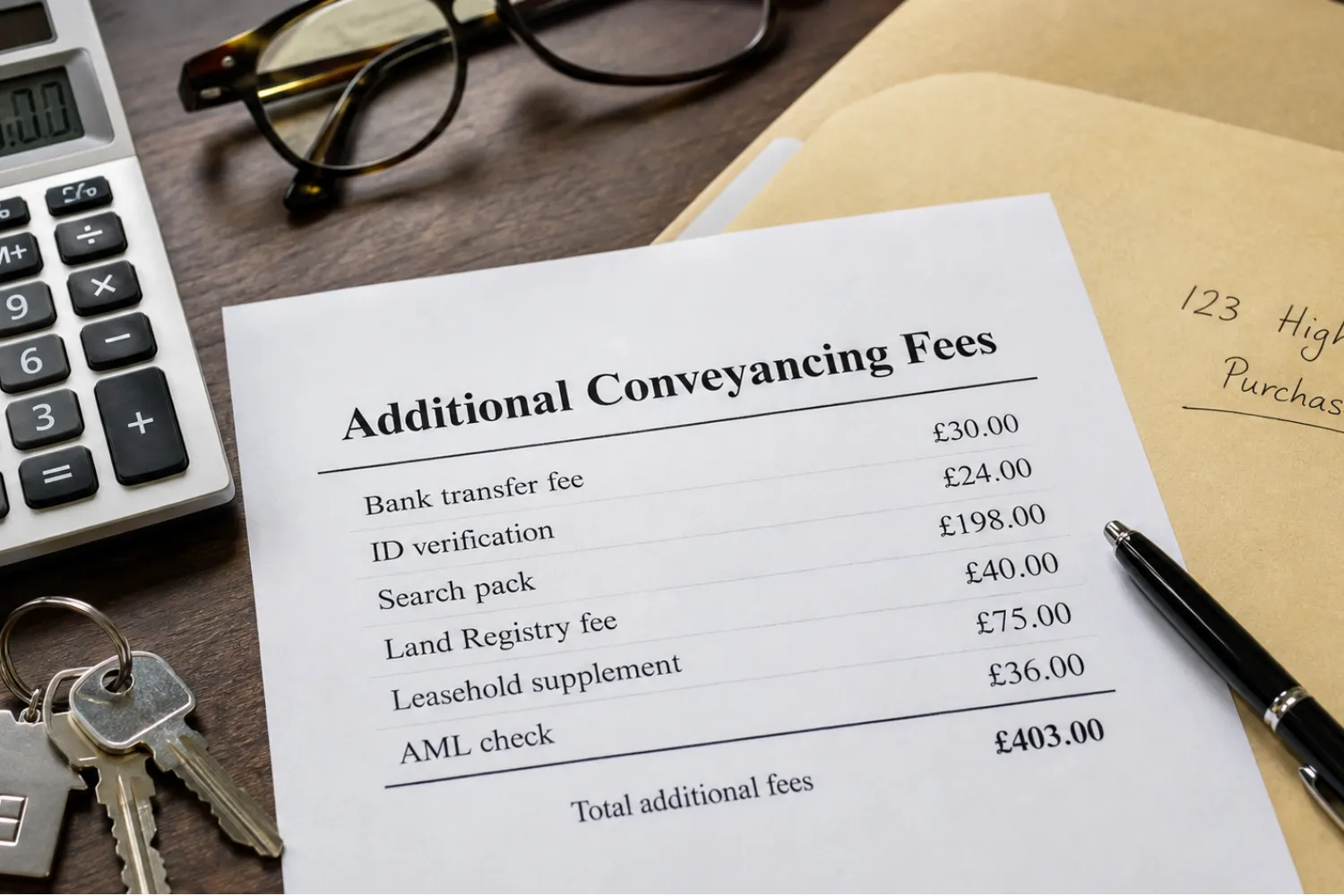 Reviewing additional conveyancing fees and paperwork at home