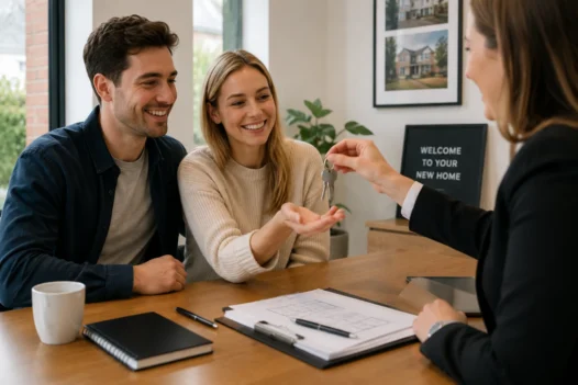 Two people reviewing documents before buying a property jointly in the UK