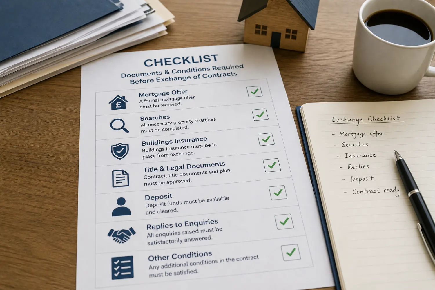 Conveyancing process UK — checklist of documents and conditions required before exchange of contracts including mortgage offer, searches and buildings insurance