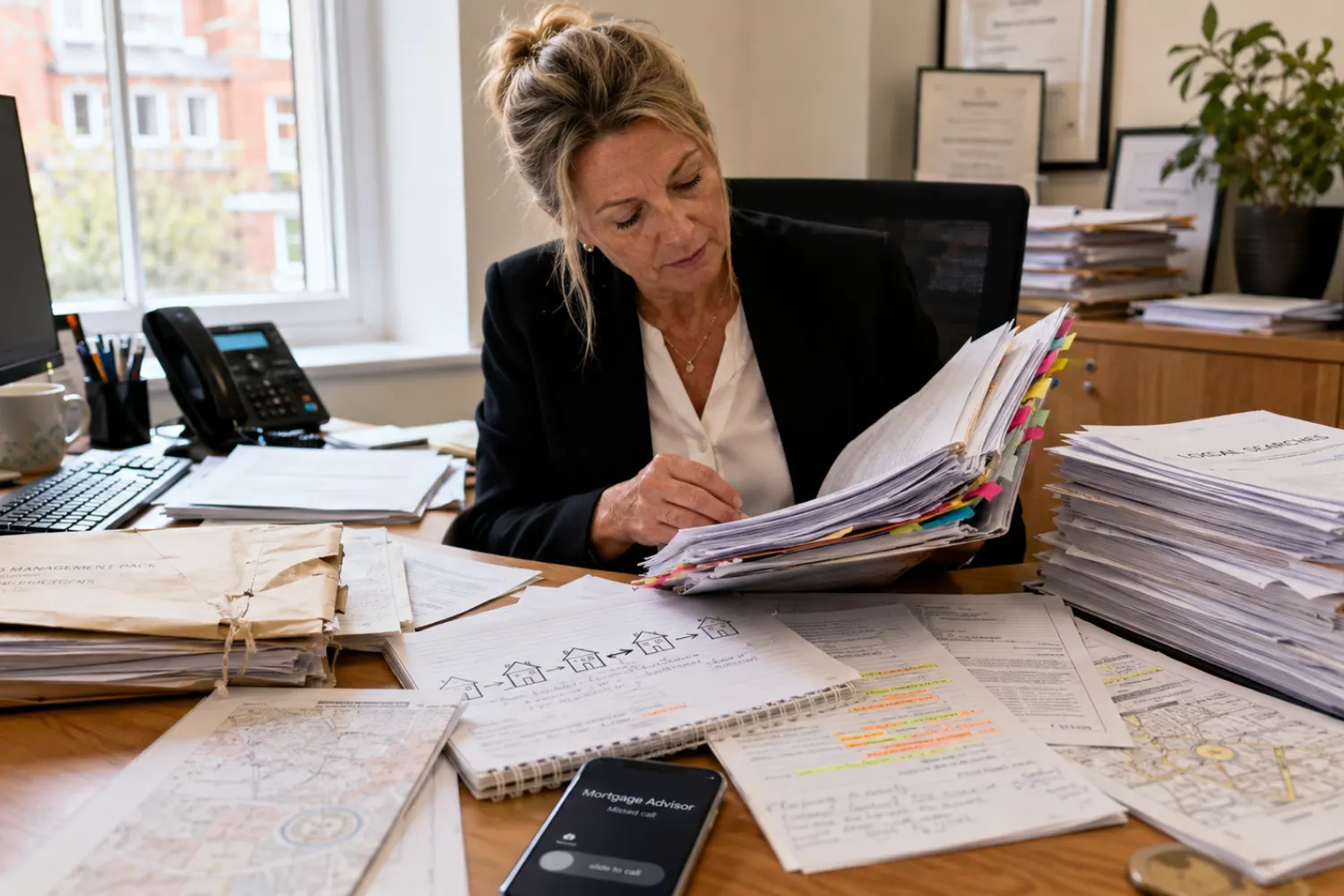 Solicitor reviewing conveyancing documents at desk with exchange of contracts paperwork and property title