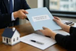 Exchange of contracts — solicitor and buyer reviewing and signing property purchase contracts on a desk in a UK law office
