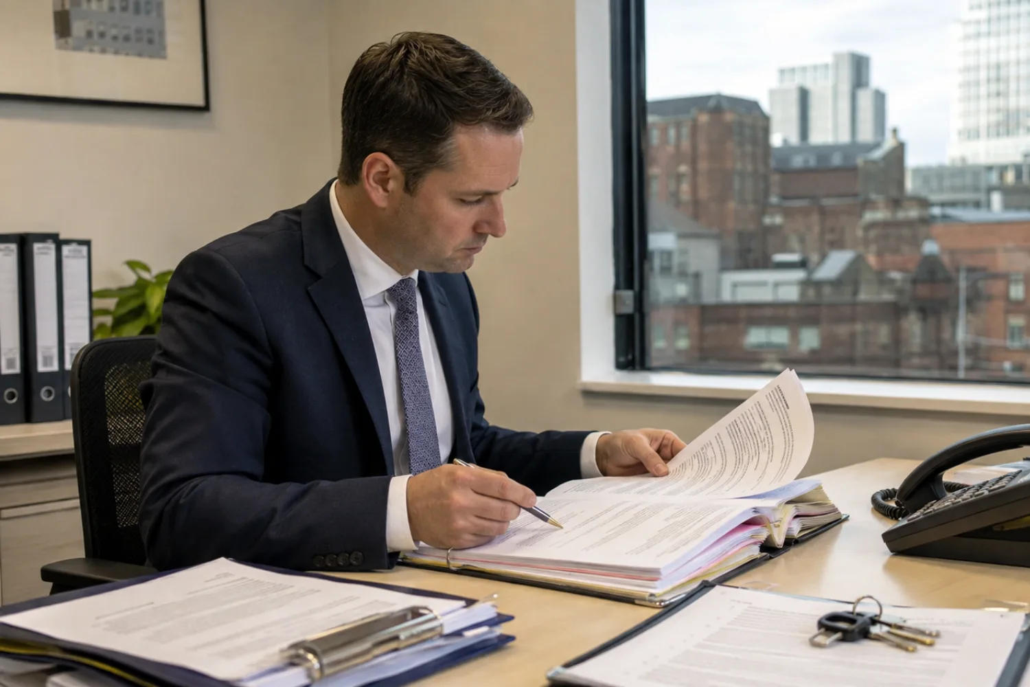 Manchester property solicitor at desk reviewing residential conveyancing file for exchange of contracts