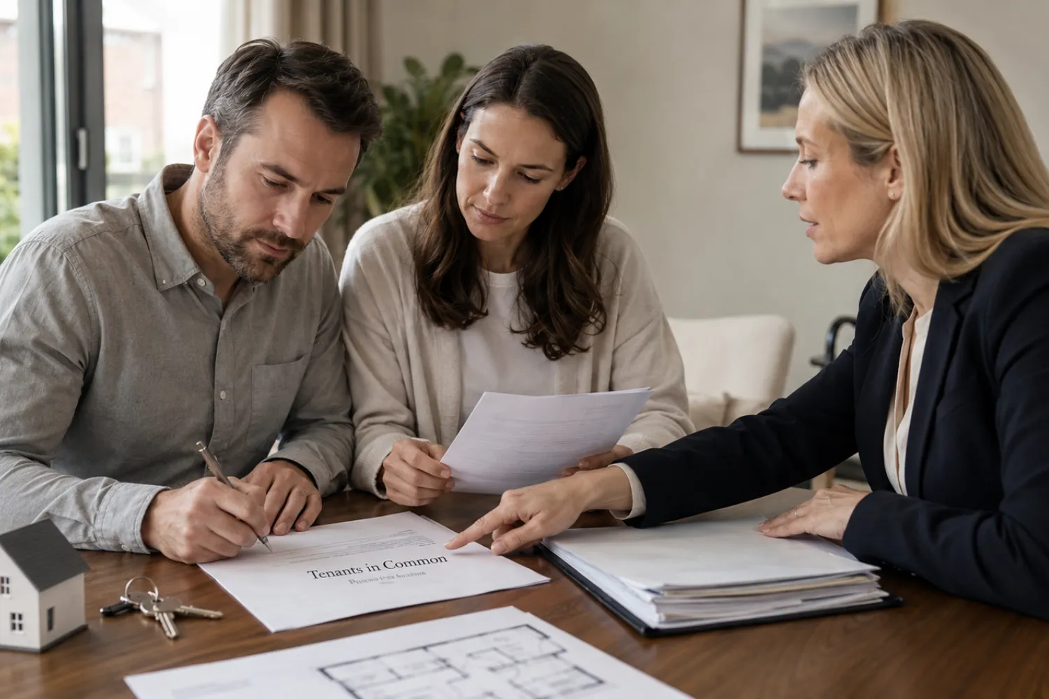 Couple signing tenants in common property documents with conveyancing solicitor